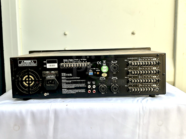 OUTSTANDING! Speco Technologies PL200M Commercial Amplifier (160W) In Perfect Working Order!! KEY FEATURES: Playback 5 Sources to 4 Zones; Each Channel Offers Volume & Mute; Speaker Output: 40W RMS per Zone; Telephone Paging & Monitor Output; 19" Rackmount Design: 3 RU; Each Channel Offers Gain, Treble & Bass; Compatible with 4-/8-Ohm Speakers; Microphone 1 Priority with VOX Mute - Image 4 of 7