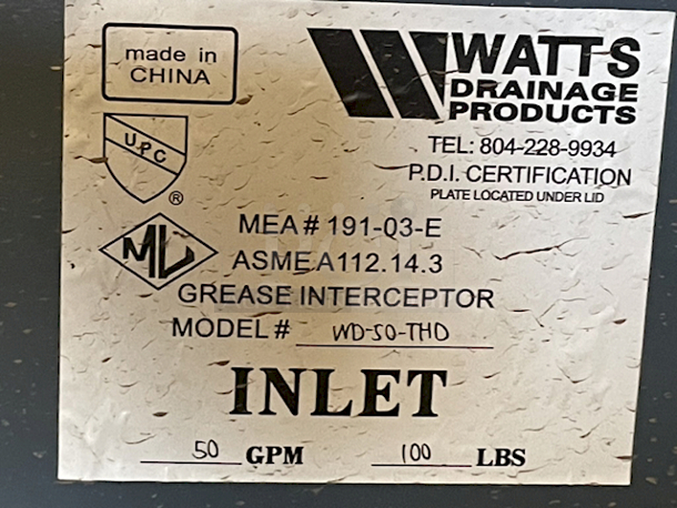 NEW! NEVER USED! Watts WD-50-THD 100 lb. Grease Trap with 4" Threaded Inlet & Outlet. Flow Rate: 50 GPM (Gallons Per Minute). 32x22x21-1/2
 - Image 3 of 3