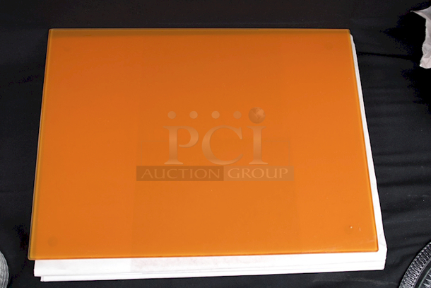 OUTSTANDING!! 52 Piece Glass and Ceramic Serving Set. (4) Orange Glass Patters, (5) Glass Candle Holders, (13) Hall China by Steelite International HL4340ABWA 12 oz. Round Bright White China Au Gratin / Shirred Egg Dish, (2) Glass Serving Dishes, (1) Oval Glass Serving Dish, (2) Ceramic Bowls, (2) Glass Star Candle Holders, (8) Vintage Glass Leaf Dishes - Image 11 of 12