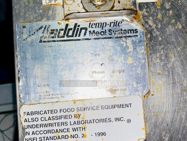 SWEET! Aladdin Temp-Rite DH08 3 Columns Dish Heater, Fits Up To 9 inch Plates. 

In Working Condition When tested. 
208V, 240V, Single Phase, 15.9Amps, 20Amps, 60HZ, 3-wire

47 1/8"x24 1/2"x42 13/16"
300 lbs

3 dispensing columns
Durable and attractive stainless steel cabinet
Fully insulated heater compartment
Four swivel 5" casters, two with brakes, for ease of maneuverability and stability
Convenient push/pull handle
Corner bumpers
Tight fitting lid design seals without gasket
Eight foot long, three wire, grounded electrical supply cord and plug with strain relief - Image 7 of 9