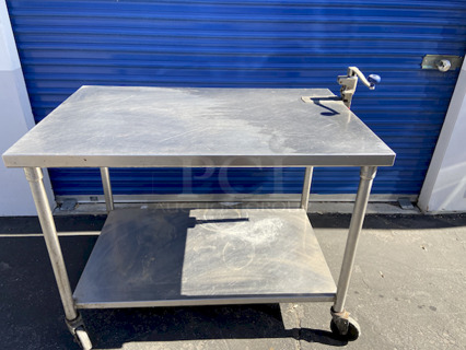 OUTSTANDING! 48" 16 ga Work Table w/ Undershelf & Stainless Flat Top With Can Opener Mounted, On Commercial Casters. 48 in. W x 36 in. D x 40 in. H