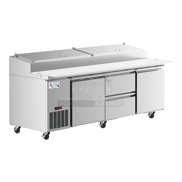 BRAND NEW SCRATCH AND DENT! 2023 Avantco 178SSPPT3 Stainless Steel Commercial Pizza Prep Table w/ 2 Doors and 2 Drawers on Commercial Casters. 115 Volts, 1 Phase. Tested and Working!