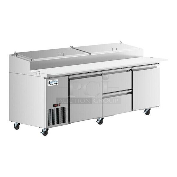 BRAND NEW SCRATCH AND DENT! 2023 Avantco 178SSPPT3 Stainless Steel Commercial Pizza Prep Table w/ 2 Doors and 2 Drawers on Commercial Casters. 115 Volts, 1 Phase. Tested and Working! - Image 1 of 9