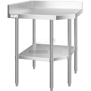 BRAND NEW SCRATCH AND DENT! Regency 600TSC3030S 30" x 30" 16 Gauge Stainless Steel Corner Work Table. May Be Missing Pieces. 