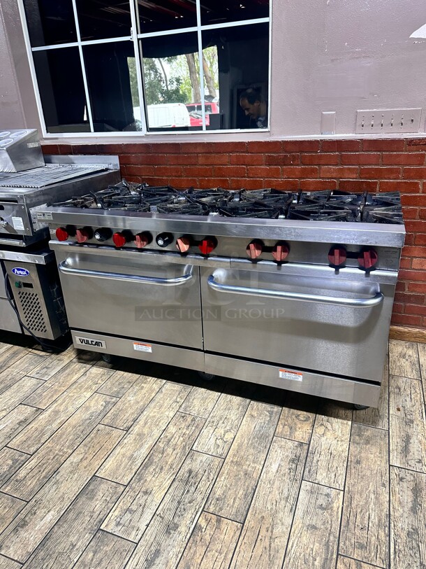 Late Model Vulcan V60 60 inch 10 Burner Gas Range w/ (2) Standard Ovens, Natural Gas Working - Image 2 of 9