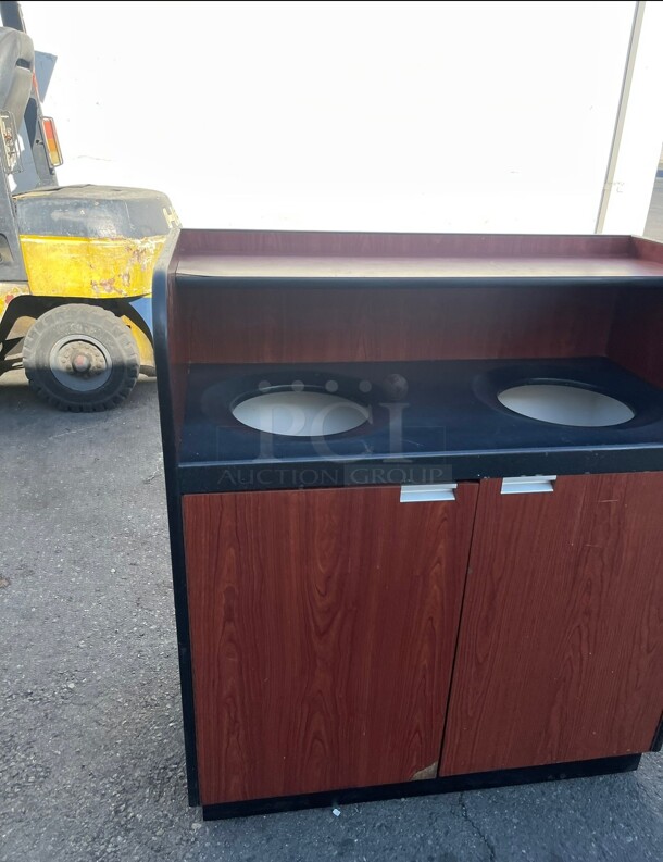 Lancaster Table & Seating Waste 35 Gallon Walnut Receptacle Enclosure with Two Swing Door - Image 1 of 9