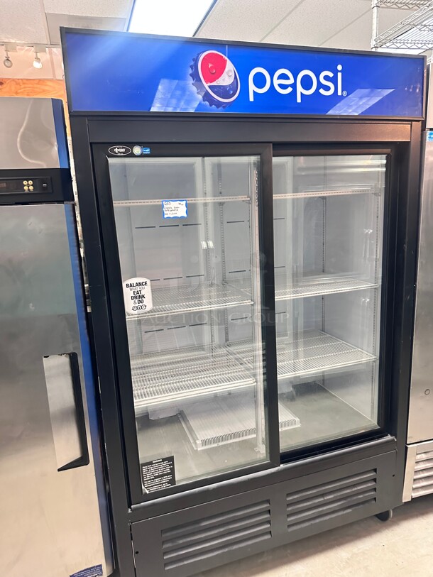 Late Model QBD CD45 Sliding 2 Door Upright Pop Juice Fridge Cooler 40 CuFt 115 Volt Tested and Working - Image 5 of 7