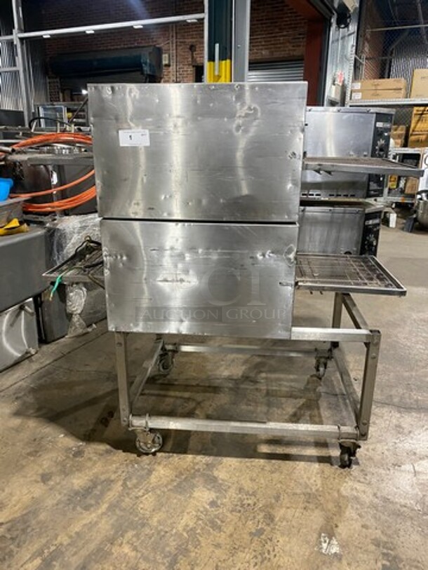 GREAT! Lincoln Commercial Electric Powered Double Deck Conveyor Pizza Oven! All Stainless Steel! On Casters! 2x Your Bid Makes One Unit! Model: 1130000A SN: 2024836 208V 60HZ 1 Phase