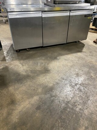 Continental Commercial Worktop/ Lowboy Cooler! With Backsplash! With 3 Door Refrigerated Storage Space Underneath! With Poly Coated Racks! All Stainless Steel! Model: SW72BS SN: 14655428 115V 60HZ 1 Phase