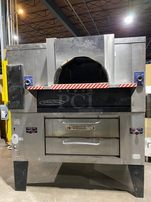 AMAZING! Bakers Pride Commercial Natural Gas Powered Double Deck Pizza Oven! With Stones! All Stainless Steel! On Legs! 2x Your Bid Makes One Unit! Model: FC516 SN: H08G006! Working When Removed!