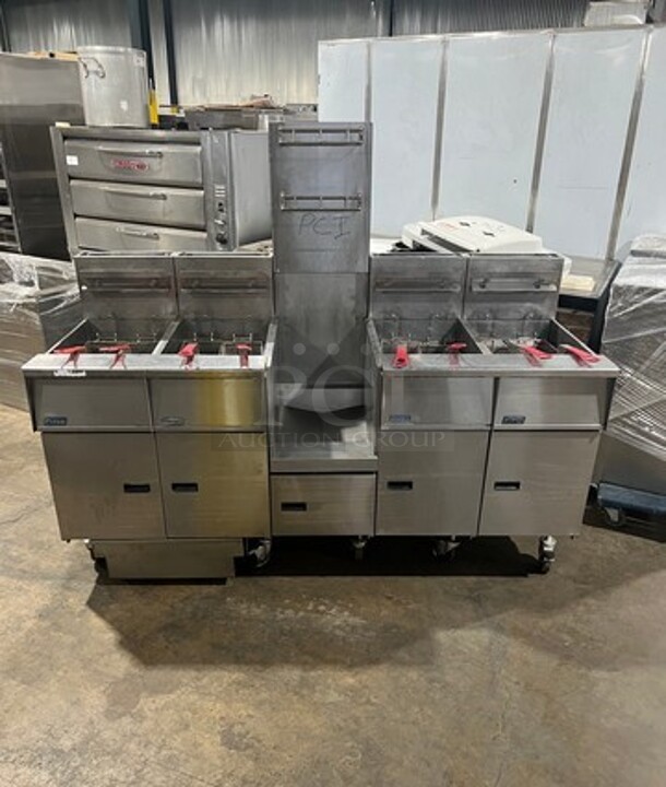 FAB! Pitco Frialator Commercial Natural Gas Powered 4 Bay Deep Fat Fryer! With Middle Fryer Basket Rack! All Stainless Steel! On Casters! Model: SGH50 SN: G13JE049283! Working When Removed! 