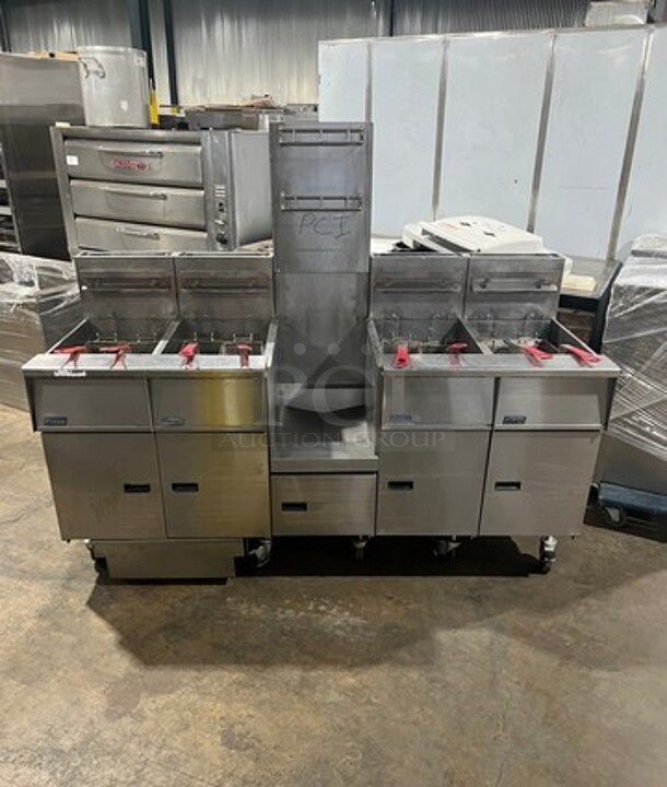 FAB! Pitco Frialator Commercial Natural Gas Powered 4 Bay Deep Fat Fryer! With Middle Fryer Basket Rack! All Stainless Steel! On Casters! Model: SGH50 SN: G13JE049283! Working When Removed!  - Image 1 of 12
