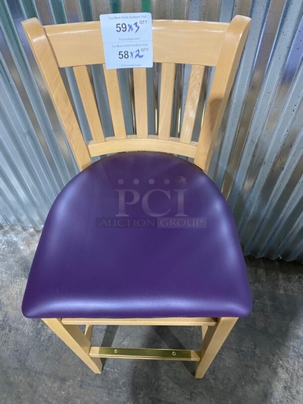 WOW! NEW! Bistro Solid Natural Hardwood Restaurant Bar chair! With Purple Vinyl Seat! 3x Your Bid! MODEL JW204 - Image 5 of 8