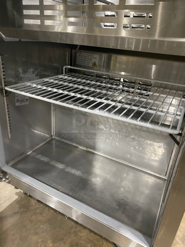 Avantco Commercial Mega Top Refrigerated Sandwich Prep Table! With Commercial Cutting Board! Single Door Storage Space Underneath! All Stainless Steel! On Casters! Model: 178SSPT27MHC SN: 6121420118051008 115V - Image 6 of 10