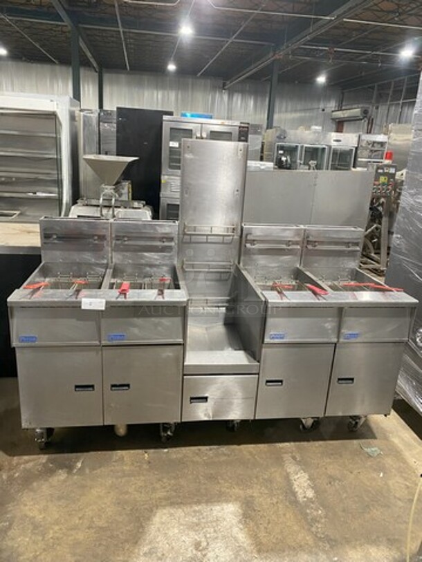 WOW! Pitco 4 Bay Natural Gas Powered Commercial Deep Fat Fryer With Dump Station! With Baskets! With Filter System! Model SGH50 Serial G13GE049283! Working When Removed!