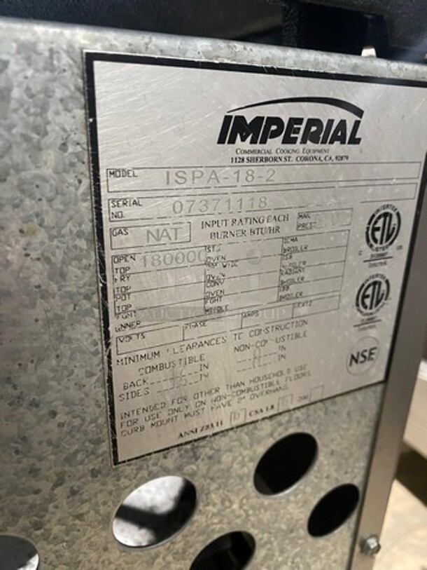 Imperial Commercial Countertop Natural Gas Powered 2 Burner Range! All Stainless Steel! On Small Legs! WORKING WHEN REMOVED! Model: ISPA182 SN: 07371118 - Image 8 of 9
