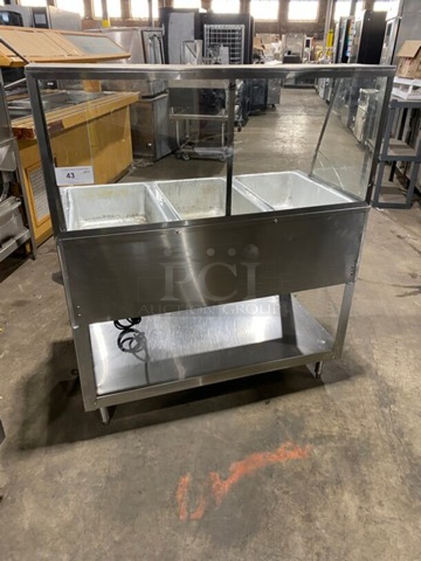 BK Resources Commercial Electric Powered 3 Well Steam Table! With Sneeze Guard! With Storage Space Underneath! All Stainless Steel! On Legs! Model: STE3120 120V 60HZ 1 Phase