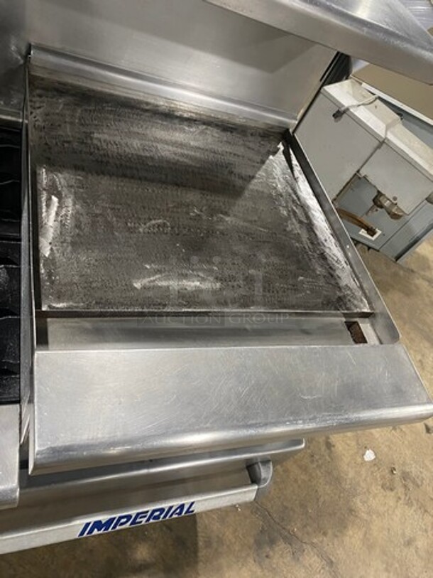 Imperial Commercial Natural Gas Powered 6 Burner Stove With Right Side Flat Griddle! Griddle Has Side Splashes! With Raised Back Splash And Salamander Shelf! With 2 Oven Underneath! Metal Oven Racks! All Stainless Steel! On Casters! - Image 7 of 11