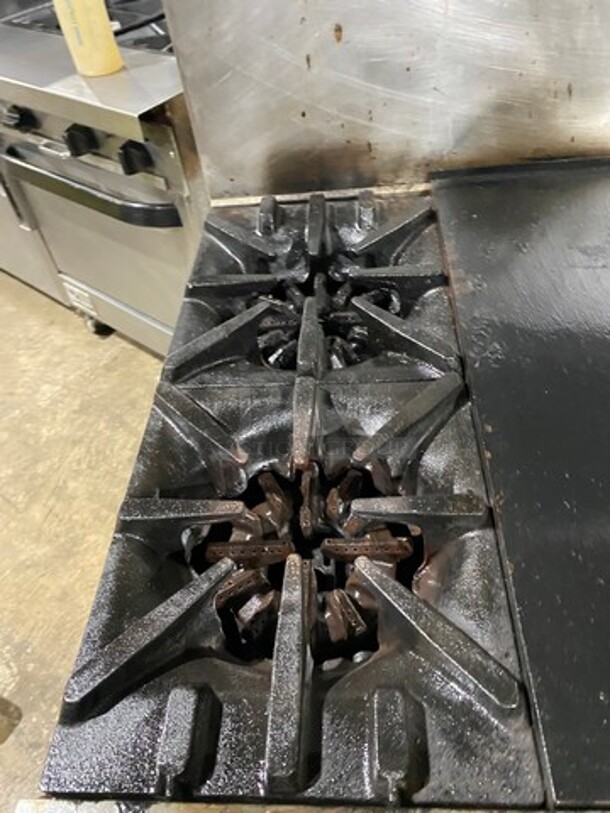 Garland Commercial Natural Gas Powered 2 Burner Stove With Hot Plate! With Oven Underneath! With Raised Back Splash And Salamander Shelf! All Stainless Steel! On Legs! - Image 6 of 8