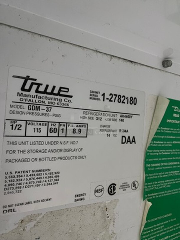 True Commercial 2 Door Reach In Refrigerator Merchandiser! With View Through Sliding Doors! With Poly Drink Racks! Model: GDM37 SN: 2782180 115V 60HZ 1 Phase! Working When Removed! - Image 8 of 11