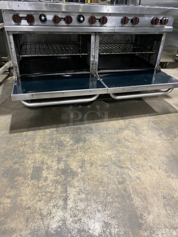 NICE! Vulcan Commerical Natural Gas Powered 10 Burner Stove! With 2 Oven Underneath! All Stainless Steel! On Casters! Working When Removed! - Image 7 of 10