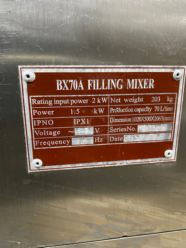 WOW! Glory Commercial Minced Meat/ Filling Mixing Machine! All Stainless Steel! On Casters! Model: BX70A SN: FF90029 110V 60HZ 1 Phase - Image 7 of 8