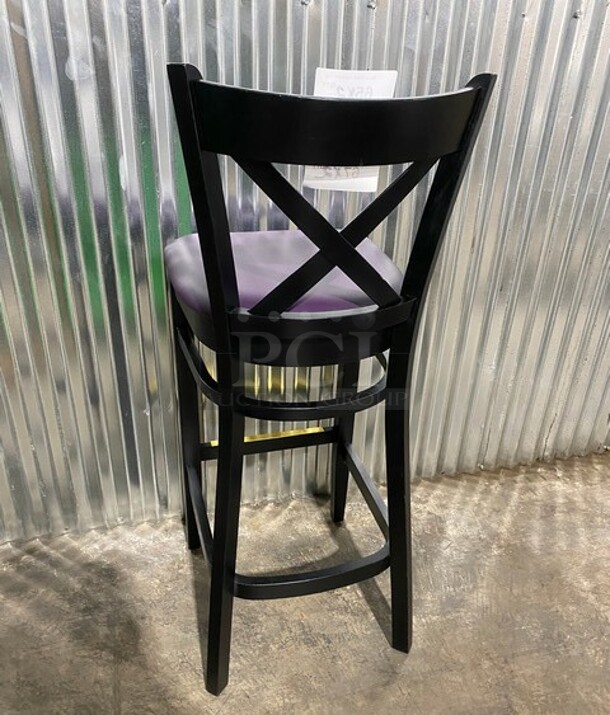 WOW! New! Solid Beech Wood Cross Back Commercial Bar Stool! With Purple Vinyl Seat! 2x Your Bid! - Image 3 of 7