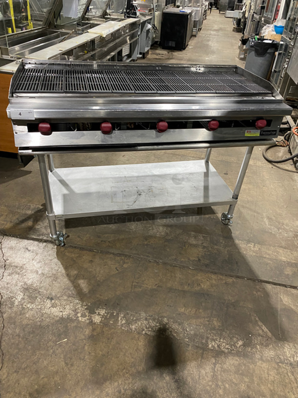 FAB! Therma Tek Commercial Countertop Natural Gas Powered Char Broiler Grill! With Back And Side Splashes! On Small Legs! On Equipment Stand! With Storage Space Underneath! All Stainless Steel! On Casters!