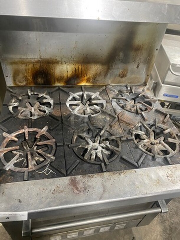 Garland Commercial Natural Gas Powered 6 Burner Stove! With Raised Back Splash And Salamander Shelf! With Oven Underneath! All Stainless Steel! On Legs! - Image 7 of 9