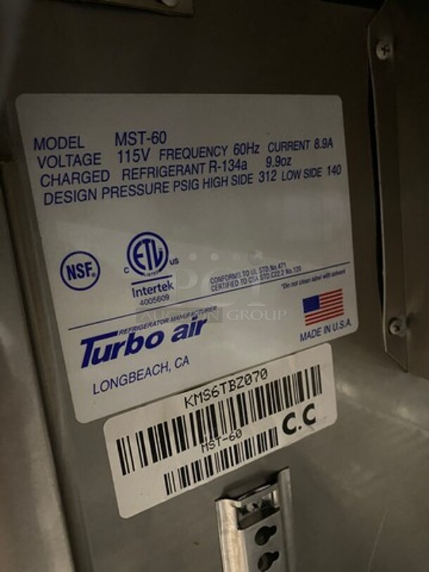 Turbo Air Commercial Refrigerated Sandwich Prep Table! With 2 Door Storage Space Underneath! All Stainless Steel! On Casters! Model: MST60 SN: KMS6TBZ070 115V - Image 7 of 9