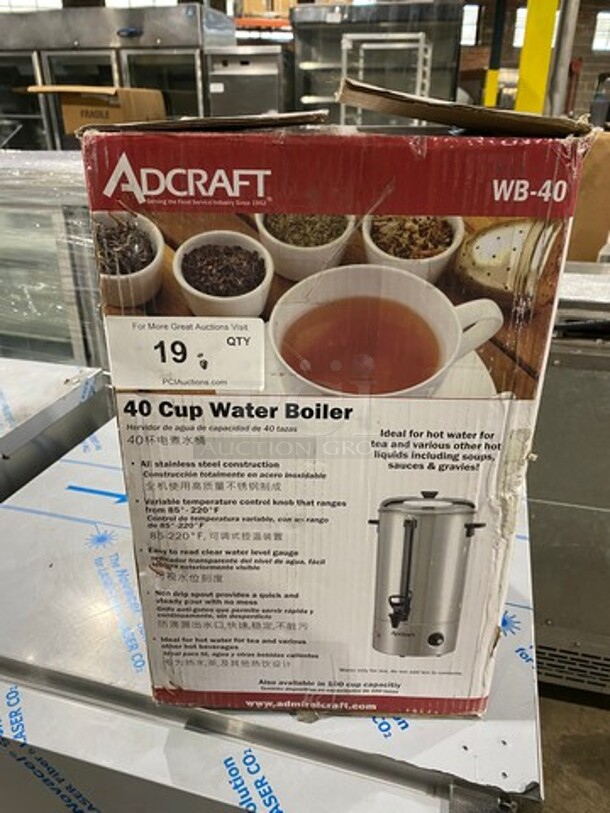 NEW! IN THE BOX! Adcraft Commercial Countertop Water Boiler/ Hot Water Dispenser! 40 Cup Capacity! Stainless Steel! Model: WB40 120V - Image 1 of 8