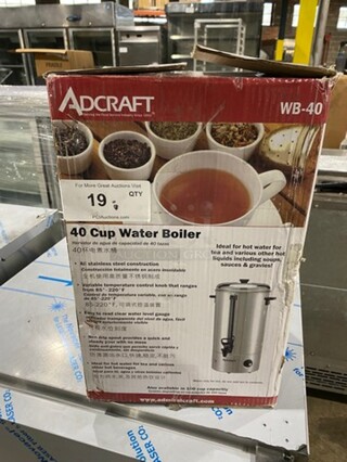 NEW! IN THE BOX! Adcraft Commercial Countertop Water Boiler/ Hot Water Dispenser! 40 Cup Capacity! Stainless Steel! Model: WB40 120V