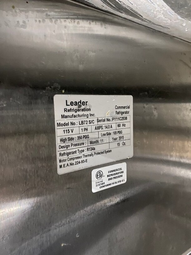 Leader Commercial 3 Door Under The Counter Lowboy/Work Top Cooler! All Stainless Steel! Model: LB72 SN: PY11C2538! 115V 1 Phase! On Casters! - Image 7 of 8
