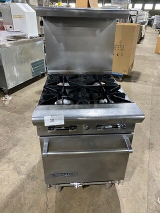 American Range Commercial Natural Gas Powered 4 Burner Stove! With Raised Back Splash And Salamander Shelf! With Oven Underneath! All Stainless Steel! On Legs!