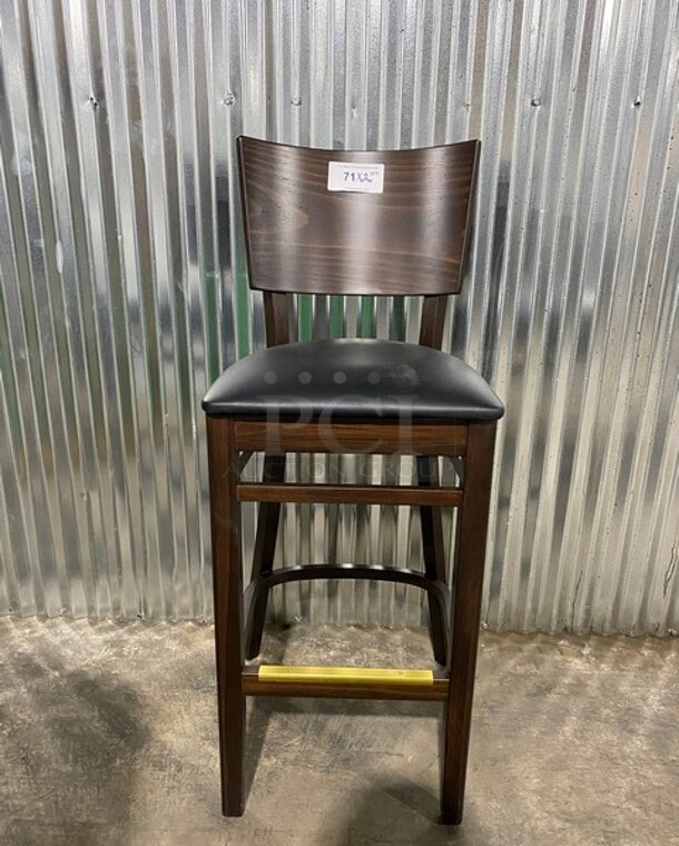 NICE! BRAND NEW!  Square Back Walnut Solid Wood Restaurant Bar Stool With Black Vinyl Seat! 2x Your Bid! - Image 1 of 7