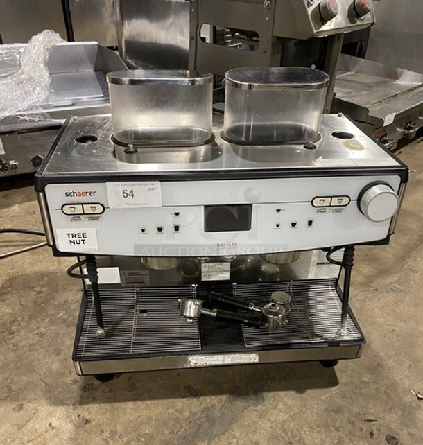 Schaerer Barista Metal Commercial Countertop 2 Group Espresso Machine w/ 3 Portafilters, 2 Hoppers and 2 Steam Wands! 208/240 Volts, 1Ph