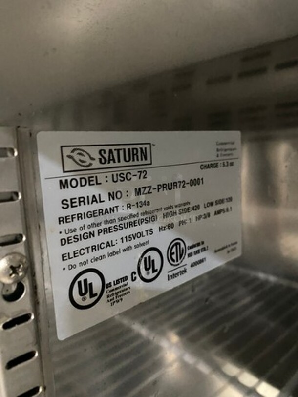 Saturn Commercial 3 Door Refrigerated Lowboy/Worktop Cooler! With Poly Coated Racks! All Stainless Steel! On Casters! WORKING WHEN REMOVED! Model: USC72 SN: MZZPRUR720001 115V 60HZ 1 Phase - Image 7 of 8