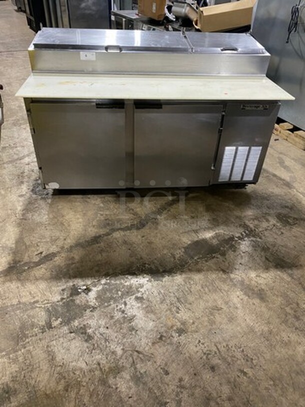 Beverage Air Commercial Refrigerated Pizza Prep Table! With Commercial Cutting Board! With 2 Door Underneath Storage Space! All Stainless Steel! Model: DP67 SN: 7302646 115V 60HZ 1 Phase