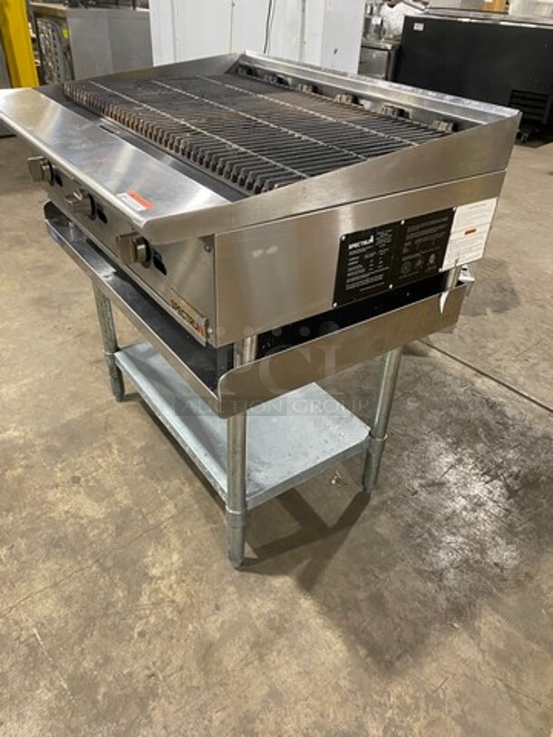 LATE MODEL! 2021 Spectrum Commercial Countertop Natural Gas Powered Char Broiler Grill! With Back And Side Splashes! On Small Legs! On Equipment Stand! With Storage Space Underneath! All Stainless Steel! On Legs! Model: NGCB36R SN: NGCB365040001116 - Image 2 of 10