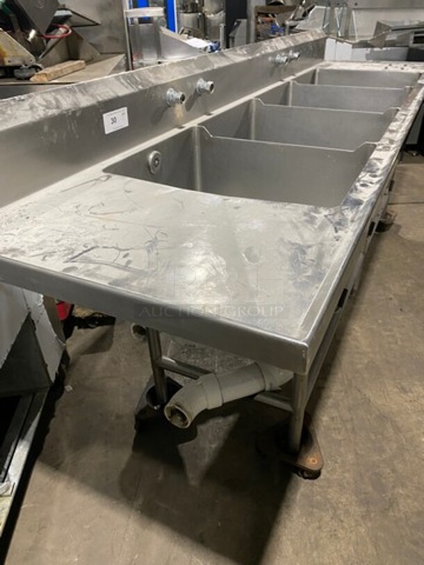 Commercial 4 Compartment Dish Washing Sink! With Dual Side Drain Board! With Back Splash! All Stainless Steel! On Legs And Casters! - Image 4 of 12