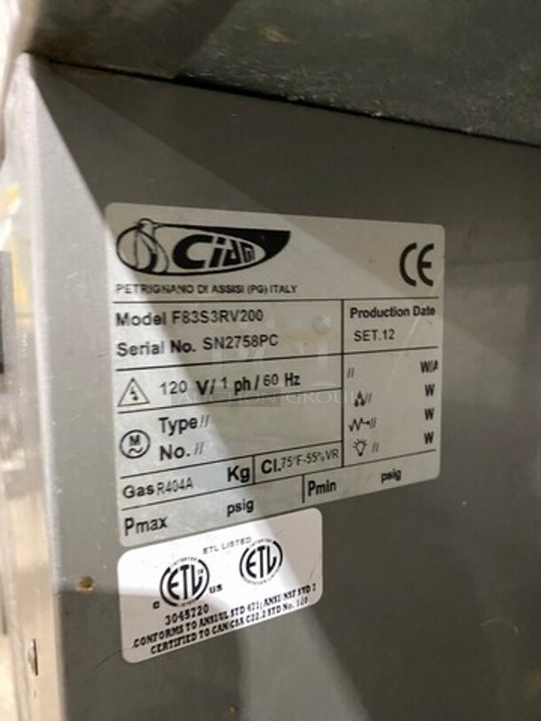 Ciam Commercial Refrigerated Sandwich Prep Station! With Sneeze Guard! With Commercial Cutting Board! With Underneath Storage Space! All Stainless Steel! Model: F83S3RV200 SN: SN2758PC 120V 60HZ 1 Phase! Working When Removed! - Image 9 of 11