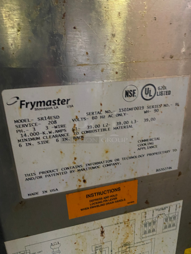 Frymaster Commercial Deep Fat Fryer! With 2 Fryer Baskets! All Stainless Steel! On Legs! Model: SR14ESD SN: 1501MF0019 208V 60HZ 3 Phase - Image 6 of 7