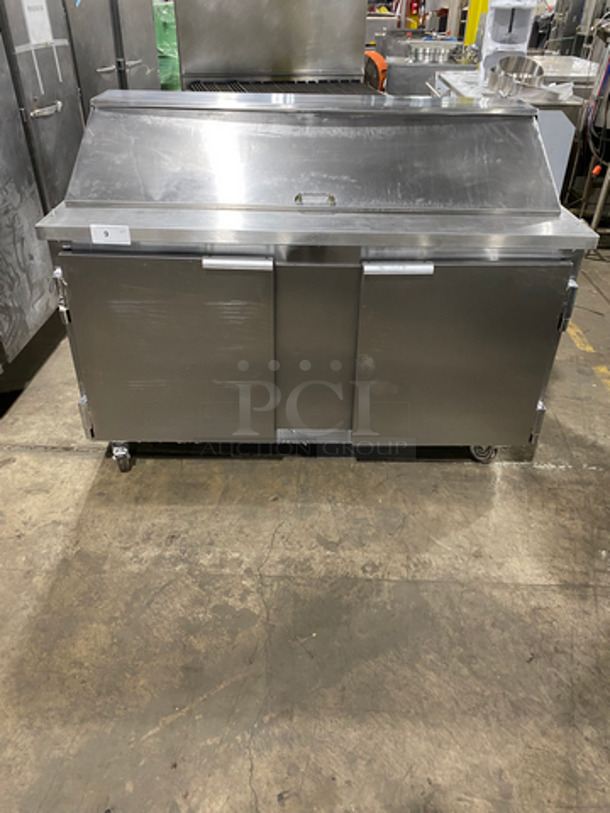 Leader Commercial Refrigerated Sandwich Prep Table! With 2 Door Storage Space Underneath! Poly Coated Racks! All Stainless Steel! On Casters! Model: NSFM60S/C SN: NL06S1608 115V 60HZ 1 Phase