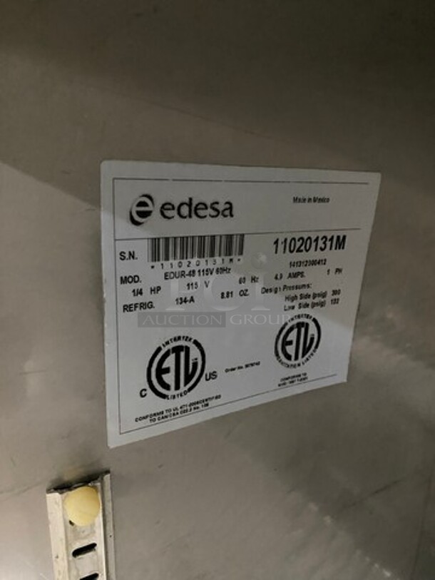 Edesa Commercial 2 Door Lowboy/Worktop Cooler! With Poly Coated Racks! All Stainless Steel! On Casters! Model: EDUR48 SN: 11020131M 115V 60HZ 1 Phase - Image 6 of 7