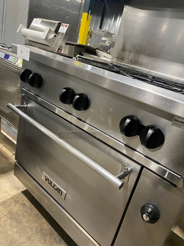 Vulcan Commercial Natural Gas Powered 6 Burner Stove! With Raised Back Splash And Salamander Shelf! With Oven Underneath! All Stainless Steel! Model: 36S6BN SN: 481938247 - Image 9 of 10