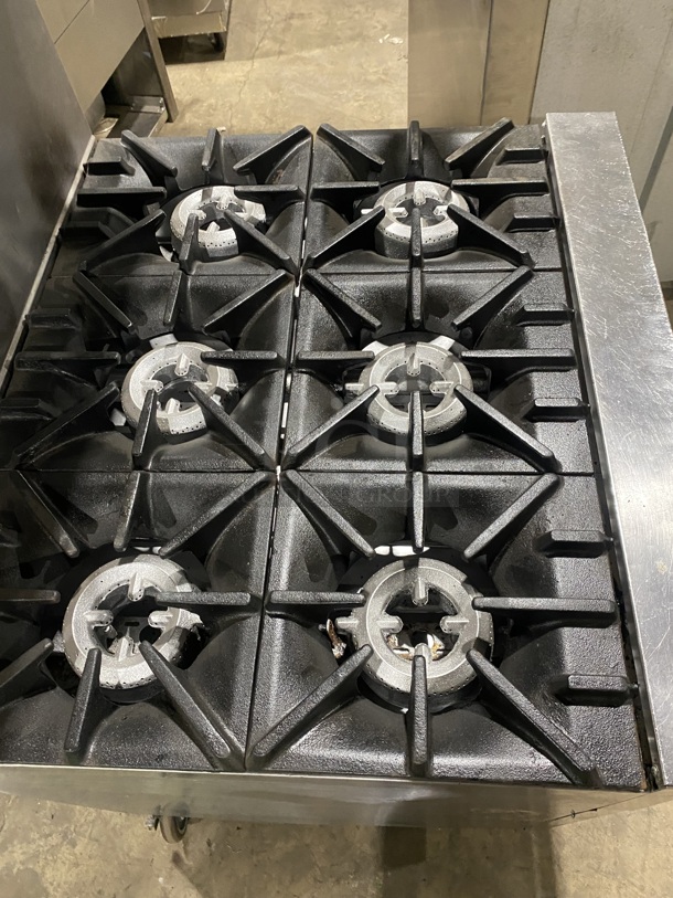 Sunfire All Stainless Steel Natural Gas 6 Burner Stove! With an Underneath Full Size Oven! And a Back Splash And Salamander Shelf! On Casters! Model X366R! - Image 5 of 8