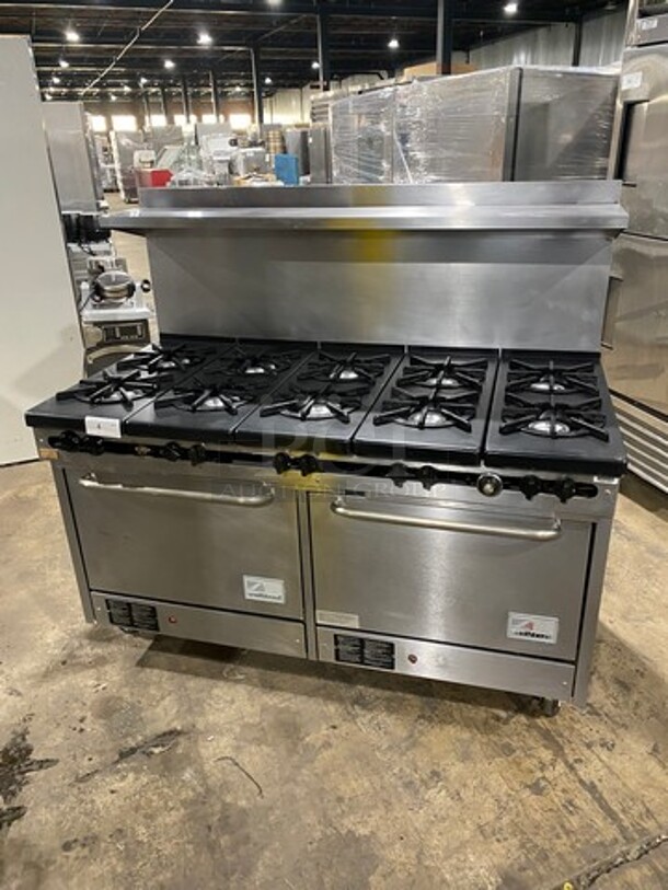 GREAT! Southbend Commercial Natural Gas Powered 10 Burner Stove! With Raised Back Splash And Salamander Shelf! With 2 Full Size Oven Underneath! All Stainless Steel! On Casters! WORKING WHEN REMOVED!