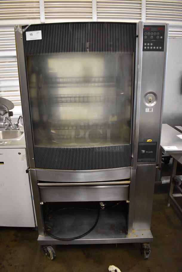 Fri-jado STG7-P Stainless Steel Commercial Electric Powered 5 Spit Rotisserie Oven on Commercial Casters w/ 5 Metal Basket Spits. 208 Volts, 3 Phase. 41x34x71