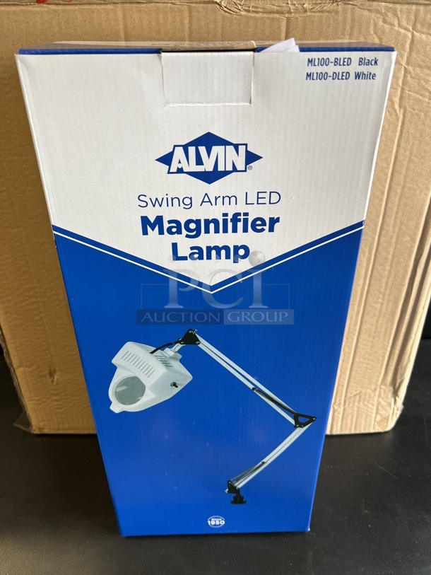8 BRAND NEW IN BOX! Alvin ML100-DLED White Metal Swing Arm LED Magnifier Lamps. 8 Times Your Bid!