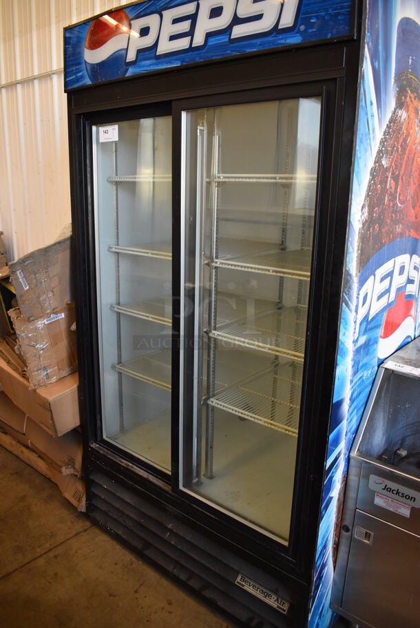 Beverage Air MT38 Metal Commercial 2 Door Reach In Cooler Merchandiser w/ Poly Coated Racks. 115 Volts, 1 Phase. 43x31x79. Tested and Powers On But Temps at 53 Degrees